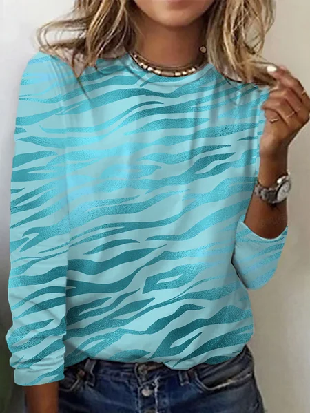 

Geometric Print Long Sleeve Crew Neck T-shirt, Lake blue, Long sleeves