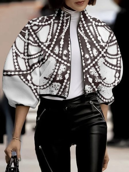 

Urban Regular Sleeve Abstract Stand Collar Jacket, As picture, Jackets