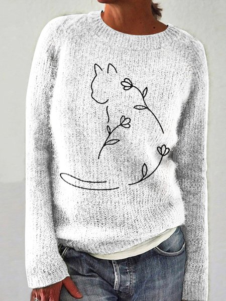 

Women's Spring/Fall Animal Casual Long Sleeve Crew Neck Wool/Knitting Sweater, White, Sweaters