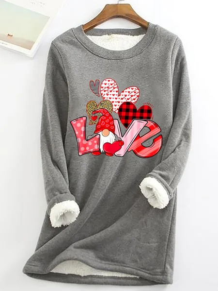 

Valentine's Day Gnome Print Casual Fluff Fleece Fabric Sweatshirt, Gray, Hoodies&Sweatshirts