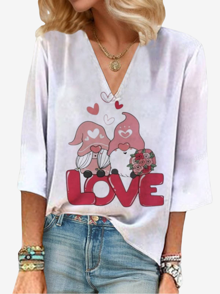

Women's Valentine's Day Gnomes Love Print Three Quarter Sleeve Blouse, White, Blouses
