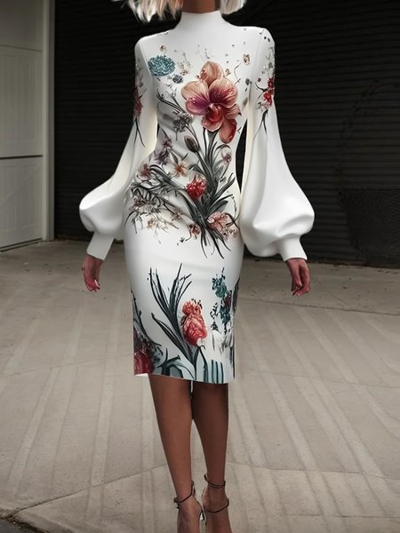 

Elegant Floral Balloon Sleeve Midi Dress, As picture, Midi Dresses