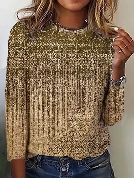 Ethnic Crew Neck Casual T-Shirt, Khaki, Long sleeves