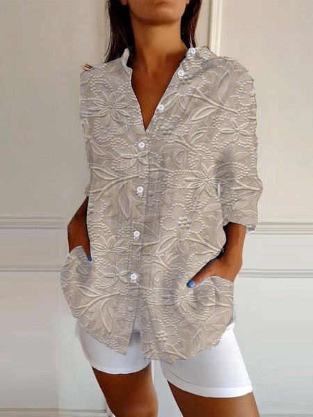 Shirt Collar Long Sleeve 3D Printing Regular Loose Shirt For Women, Oatmeal, Shirts