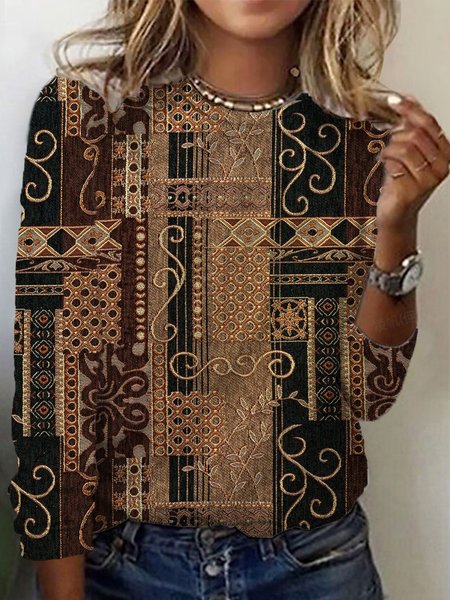 

Women's Long Sleeve Tee T-shirt Spring/Fall Ethnic Jersey Crew Neck Daily Going Out Casual Top, Brown, T-Shirts