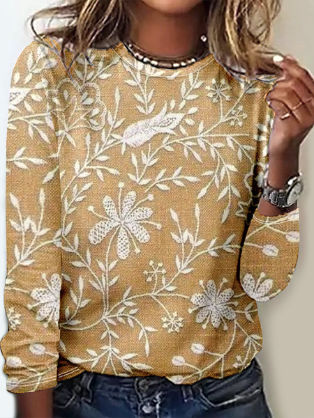 

Vintage 3D Printing Crew Neck Long Sleeve T-shirt, Camel, T-shirts