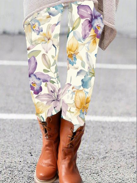 

Women's Casual Floral Jersey All Season Long Leggings, White, Leggings