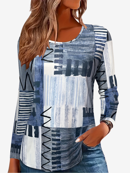 

Women's Long Sleeve Tee T-shirt Spring/Fall Geometric Jersey Crew Neck Daily Going Out Casual Top, Blue, T-Shirts
