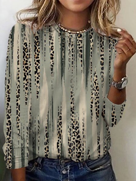 

Women's Long Sleeve Tee T-shirt Spring/Fall Leopard Jersey Crew Neck Daily Going Out Casual Top, Army green, T-Shirts