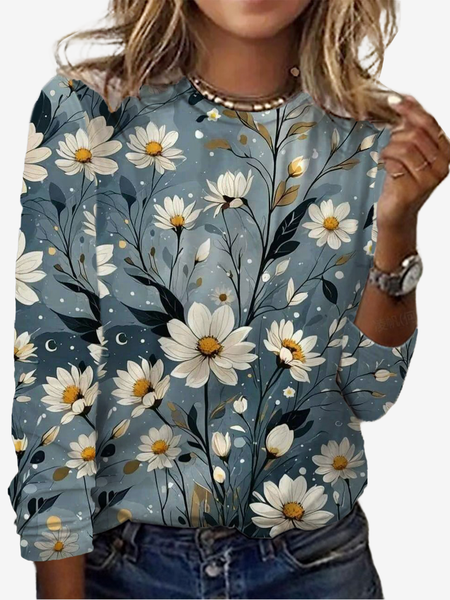 

Women's Long Sleeve Tee T-shirt Spring/Fall Floral Jersey Crew Neck Daily Going Out Casual Top, Gray, T-Shirts