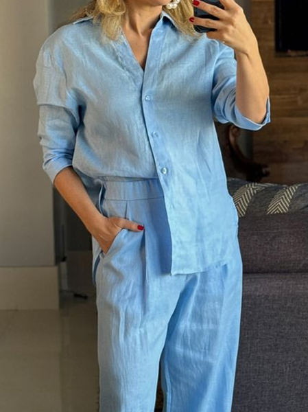 Casual Plain Shirt Collar Shirt, Blue, Blouses and Shirts