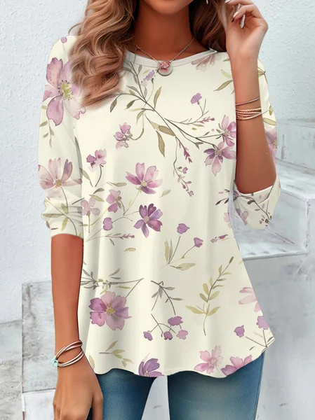 

Casual Floral Print Crew Neck Long Sleeve T-shirt, Purple, Blouses