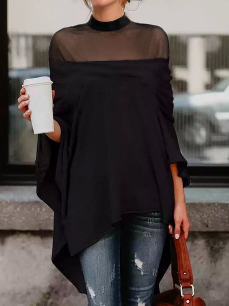 Casual Plain Split Joint Stand Collar Loose Blouse, Black, Blouses and Shirts
