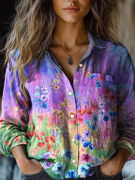 

Loose Gradient Pattern Casual Shawl Collar Shirt, As picture, Blouses