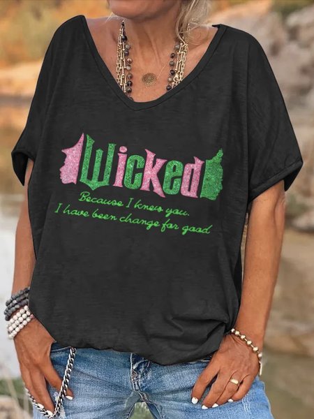Wicked printed V-neck short sleeved T-shirt, Black, T-shirts