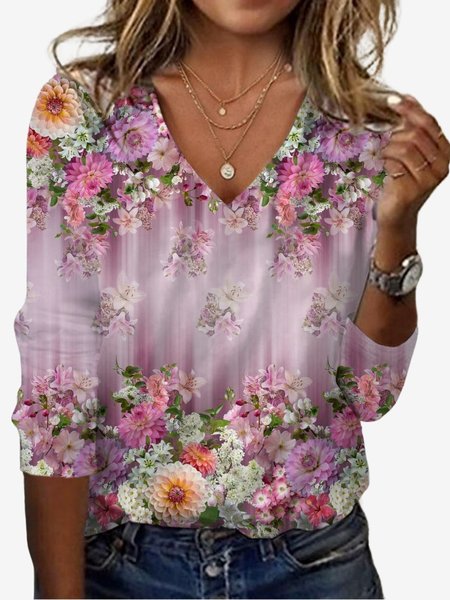 

Women's Long Sleeve Tee T-shirt Spring/Fall Floral Jersey V Neck Daily Going Out Casual Top, Pink, T-Shirts