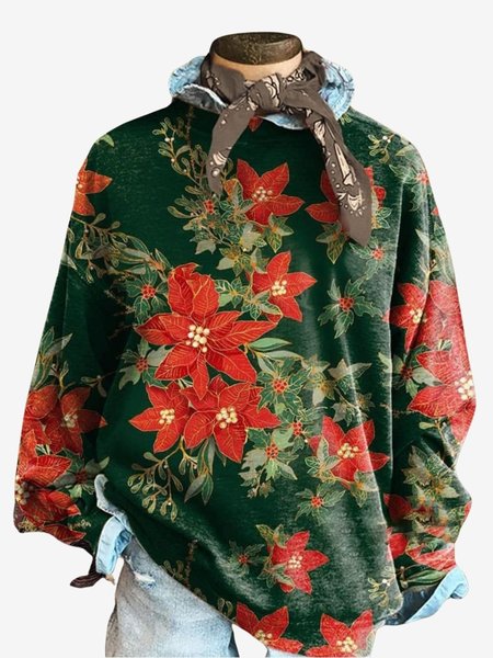 Women's Crew Neck Floral Casual Spring/Fall Long Sleeve Sweatshirt, Darkgreen, Sweatshirts & Hoodies
