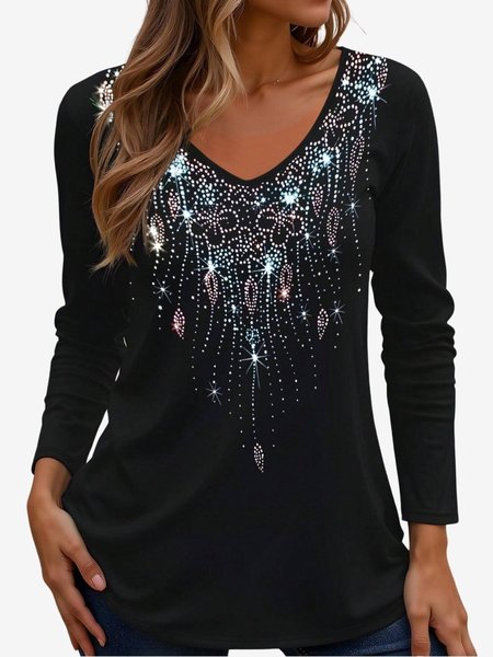 

Women's Long Sleeve Tee T-shirt Spring/Fall Abstract Jersey V Neck Daily Going Out Casual Top, Black, T-Shirts