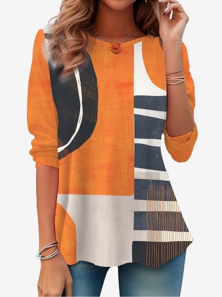 

Women's Long Sleeve Tee T-shirt Spring/Fall Abstract Stripes Jersey Crew Neck Daily Going Out Casual Top, Orange, T-Shirts