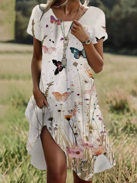 

Women Floral Crew Neck Short Sleeve Comfy Casual Midi Dress, Apricot, Dresses