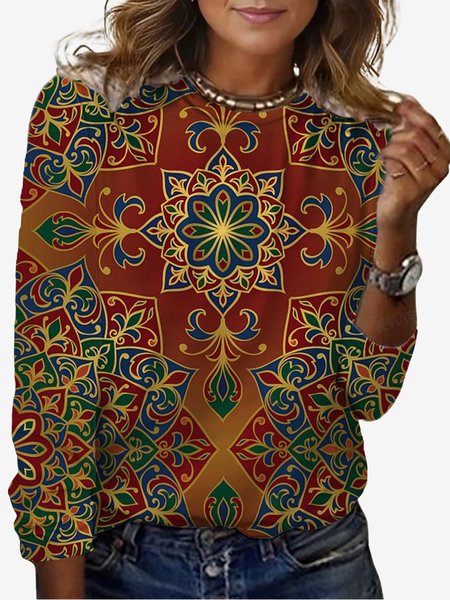 

Women's Long Sleeve Tee T-shirt Spring/Fall Ethnic Jersey Crew Neck Daily Going Out Casual Top, Wine red, T-Shirts