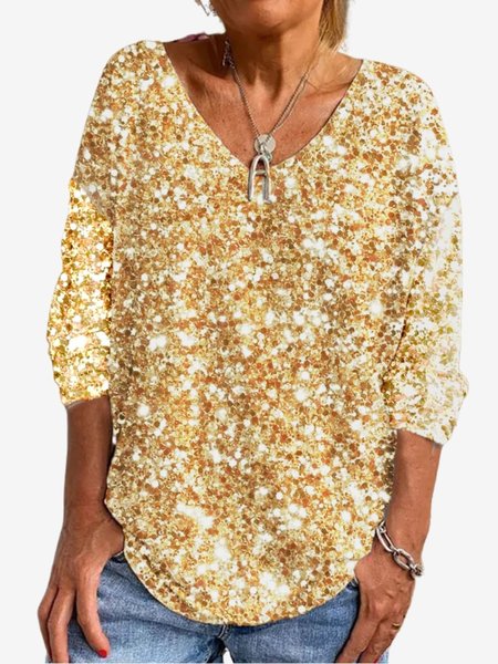 

Women's Long Sleeve Tee T-shirt Spring/Fall Abstract Jersey V Neck Daily Going Out Casual Top, Golden, T-Shirts