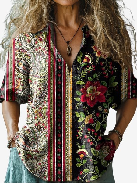 Women's Long Sleeve Shirt Spring/Fall Floral Shirt Collar Holiday Going Out Casual Top, Black, Shirts