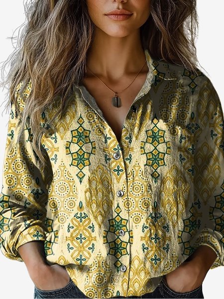 Women's Long Sleeve Shirt Spring/Fall Ethnic Shirt Collar Holiday Going Out Casual Top, Yellow, Shirts