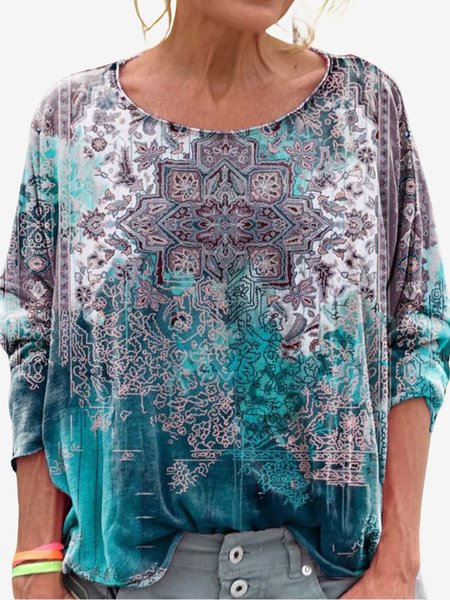 

Women's Long Sleeve Tee T-shirt Spring/Fall Ethnic Jersey Crew Neck Holiday Going Out Casual Top, Lake blue, T-Shirts