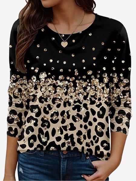 

Women's Long Sleeve Tee T-shirt Spring/Fall Leopard Jersey Crew Neck Holiday Going Out Casual Top, Black, T-Shirts