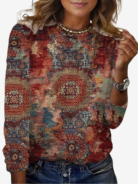 

Women's Long Sleeve Tee T-shirt Spring/Fall Ethnic Jersey Crew Neck Daily Going Out Casual Top, Wine red, T-Shirts