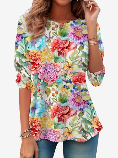 

Women's Long Sleeve Tee T-shirt Spring/Fall Floral Jersey Crew Neck Daily Going Out Casual Top, Red, T-Shirts