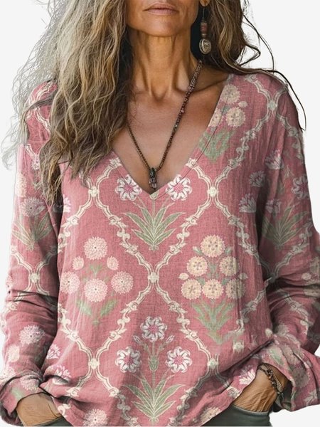 

Women's Plants Floral Long Sleeve Tee T-shirt V Neck Casual Spring/Fall Top, Pink, T-Shirts