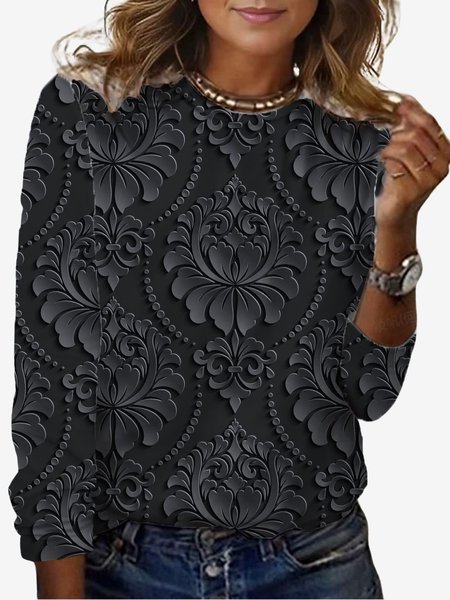 Women's Long Sleeve Tee T-shirt Spring/Fall Floral Jersey Crew Neck Daily Going Out Casual Top, Black, T-Shirts