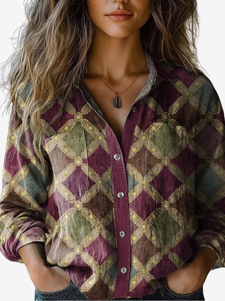 

Women's Long Sleeve Shirt Spring/Fall Geometric Shirt Collar Holiday Going Out Casual Top, Wine red, Shirts
