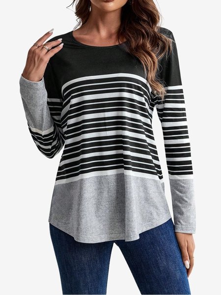 

Women's Long Sleeve Tee T-shirt Spring/Fall Striped Jersey Crew Neck Daily Going Out Casual Top, Black, T-Shirts