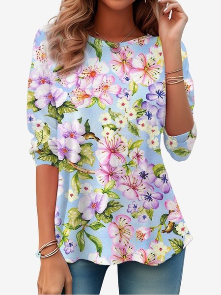 

Women's Long Sleeve Tee T-shirt Spring/Fall Floral Jersey Crew Neck Daily Going Out Casual Top, Purple, T-Shirts