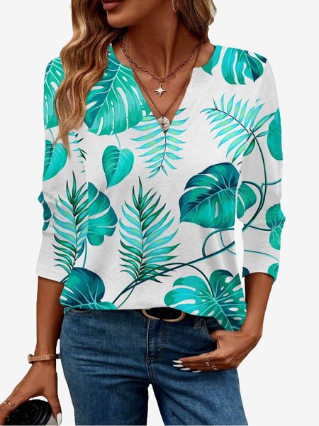 

Women's Long Sleeve Blouse Spring/Fall Botanical Pattern Jersey V Neck Vacation Going Out Casual Top, Green, Blouses