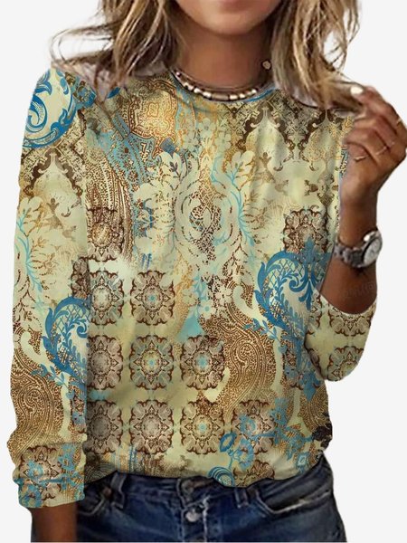 Women`s Long Sleeve Tee T-shirt Spring/Fall Ethnic Jersey Crew Neck Daily Going Out Casual Top T-Shirts