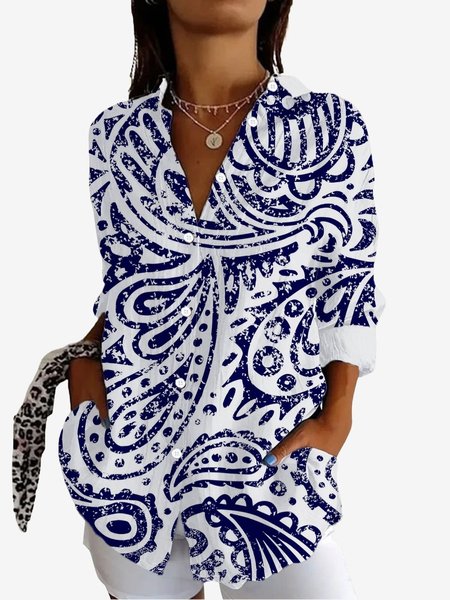 

Women's Long Sleeve Shirt Spring/Fall Ethnic Shirt Collar Vacation Going Out Casual Top, Blue, Shirts