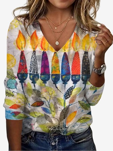 

Women's Leaf Long Sleeve Tee T-shirt V Neck Casual Spring/Fall Floral Top, Yellow, T-Shirts