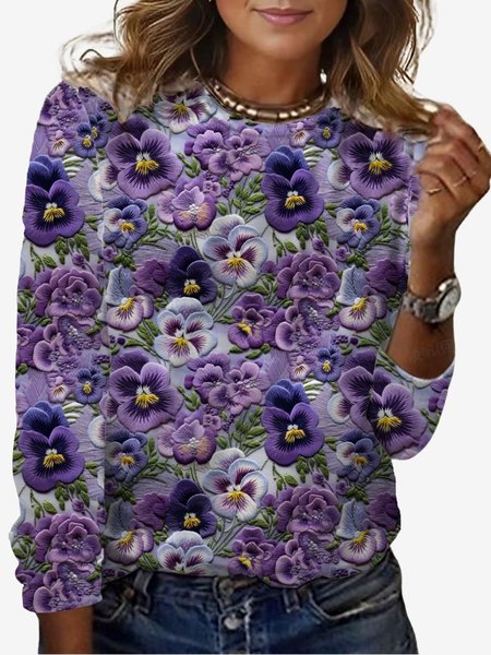 

Women's Long Sleeve Tee T-shirt Spring/Fall Floral Jersey Crew Neck Daily Going Out Casual Top, Purple, T-Shirts