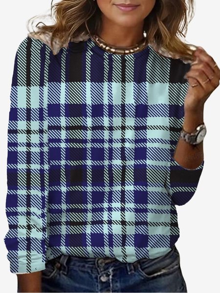 Women`s Long Sleeve Tee T-shirt Spring/Fall Plaid Jersey Crew Neck Daily Going Out Casual Top T-Shirts
