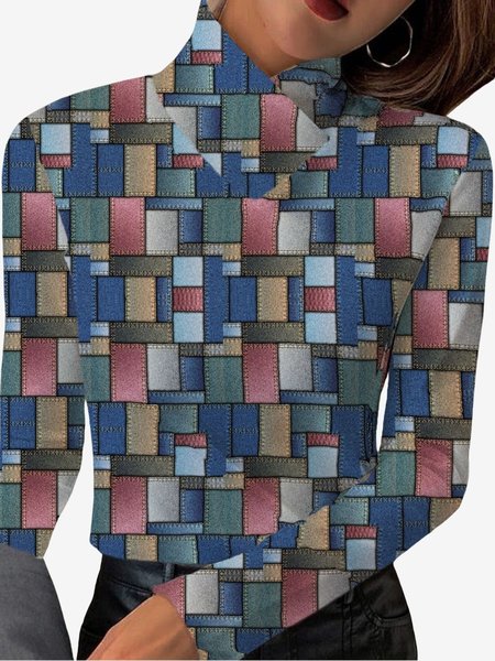 

Women's Long Sleeve Blouse Spring/Fall Colorblock Daily Going Out Casual Top, Blue, Blouses