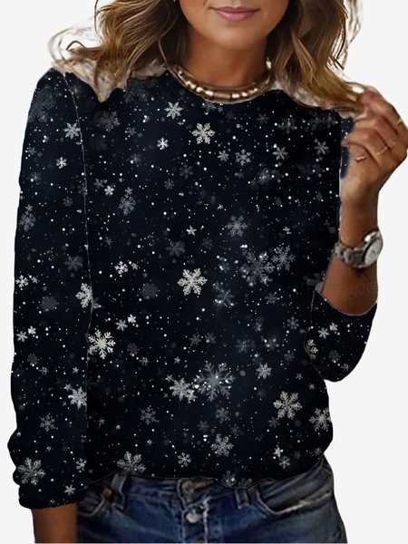 

Women's Long Sleeve Tee T-shirt Spring/Fall Snowflake Jersey Crew Neck Daily Going Out Casual Top, Black, T-Shirts