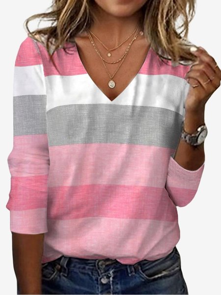 

Women's Long Sleeve Tee T-shirt Spring/Fall Striped Jersey V Neck Daily Going Out Casual Top, Pink, T-Shirts
