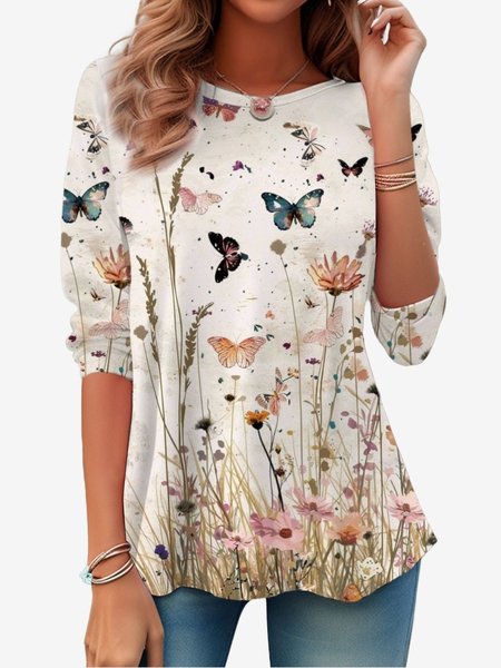 

Women's Long Sleeve Tee T-shirt Spring/Fall Floral Jersey Crew Neck Daily Going Out Casual Top, Apricot, T-Shirts