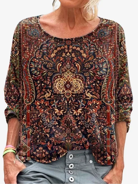 

Women's Long Sleeve Tee T-shirt Spring/Fall Ethnic Jersey Crew Neck Holiday Going Out Casual Top, Wine red, T-Shirts