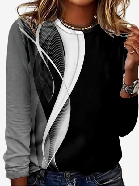 

Women's Long Sleeve Tee T-shirt Spring/Fall Geometric Jersey Crew Neck Daily Going Out Casual Top, Black, T-Shirts