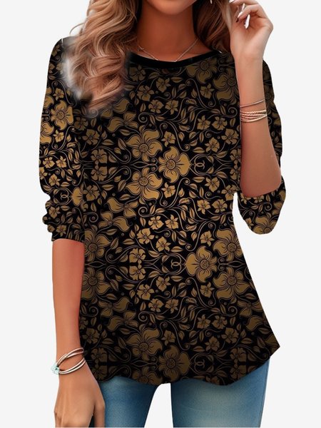 

Women's Long Sleeve Tee T-shirt Spring/Fall Floral Jersey Crew Neck Daily Going Out Casual Top, Black, T-Shirts